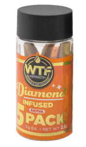 Container of WTF Extracts Diamond Infused Sativa Pre-Rolls