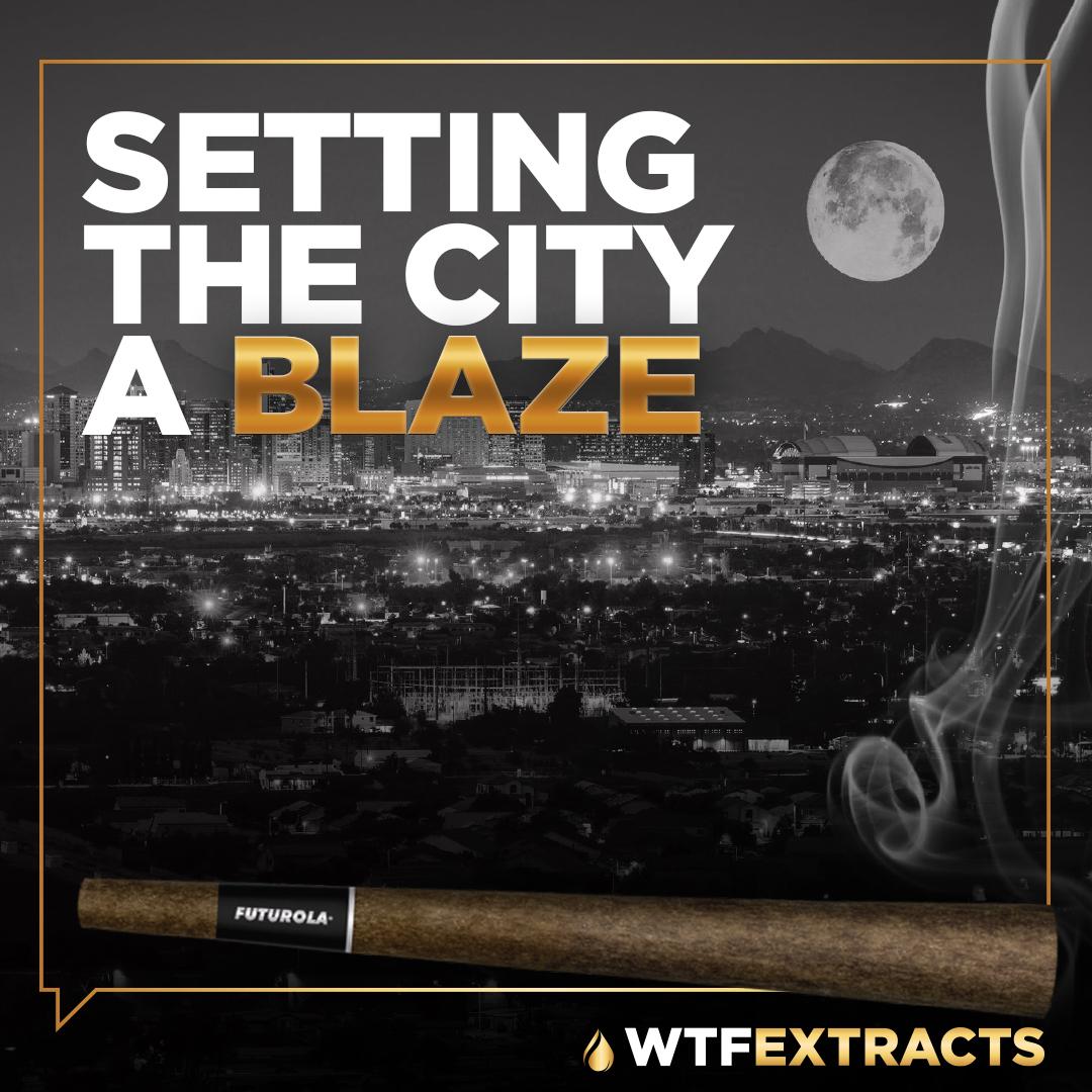 Futurola blunt highlighted in the foreground with a cityscape at night and a full moon in the background, overlaid with text "SETTING THE CITY A BLAZE