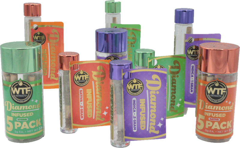 Various packages of WTF Extracts Diamond Infused products in different colors and sizes, including hybrid, sativa, and indica varieties.